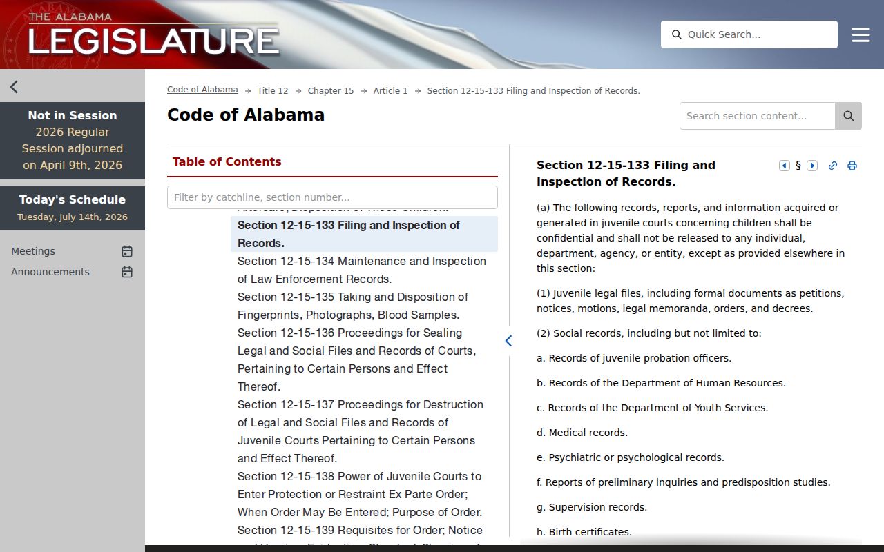 Alabama juvenile confidentiality statute page relevant to Chambers County Circuit Clerk records
