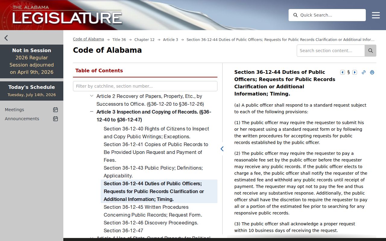 Alabama public record request timing statute page