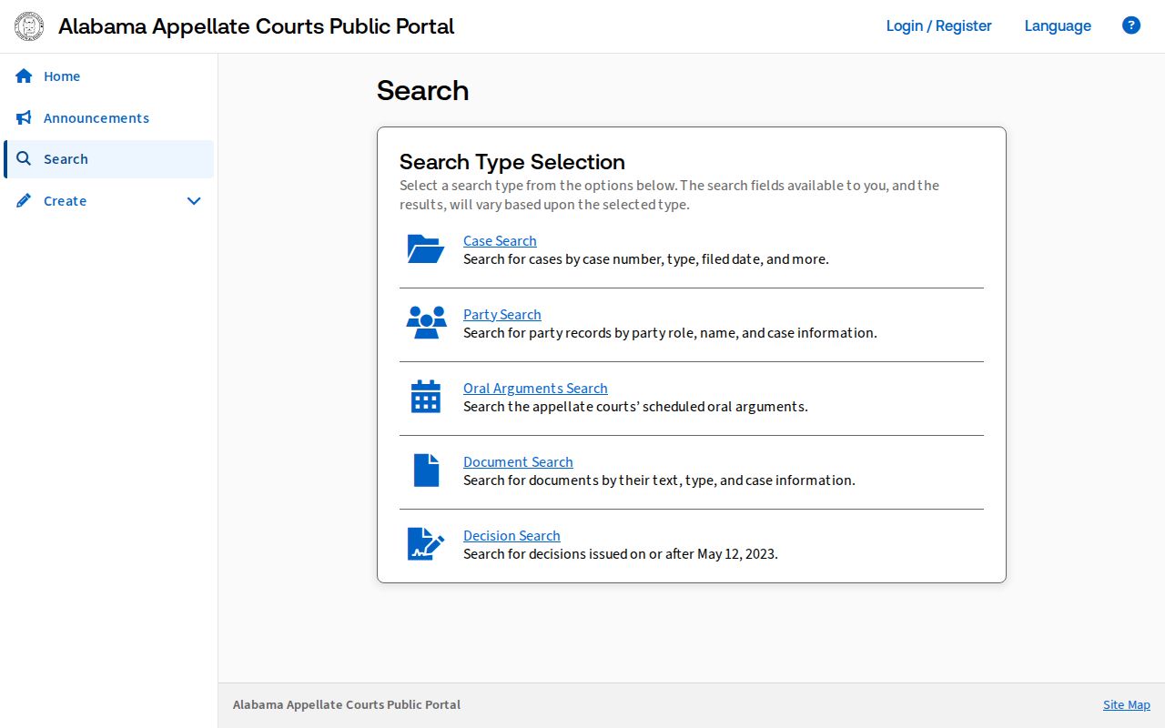 Alabama appellate case and party search screen