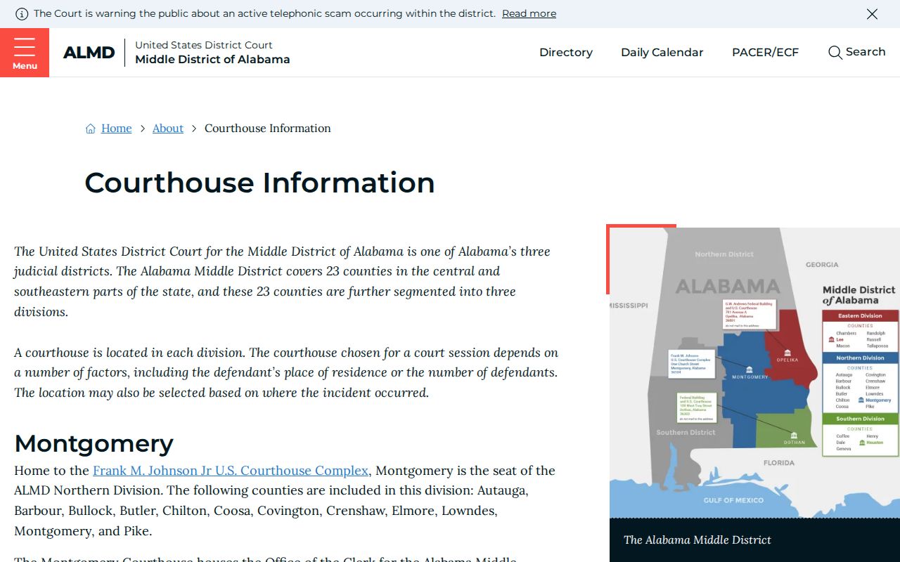 Opelika federal courthouse information for the Middle District of Alabama Eastern Division