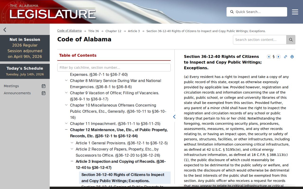 Chambers County court records Alabama public record inspection statute