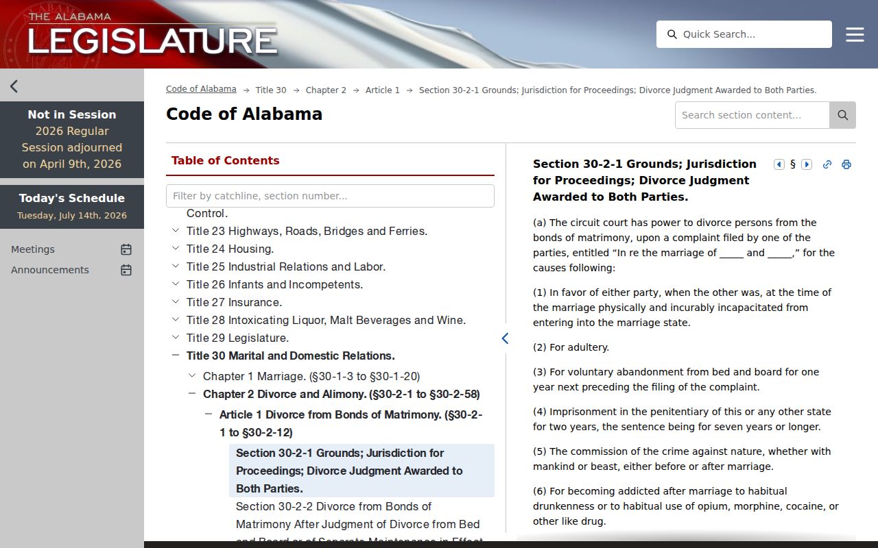 Chambers County divorce records Alabama divorce grounds statute