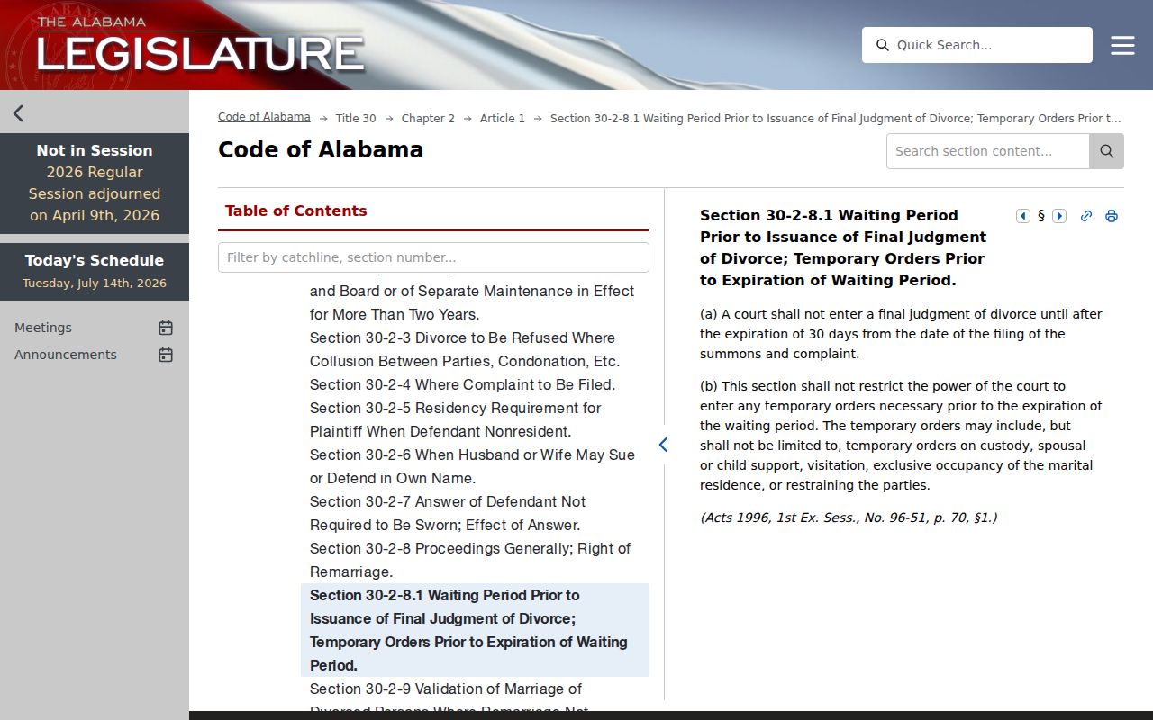 Chambers County divorce records Alabama residency statute