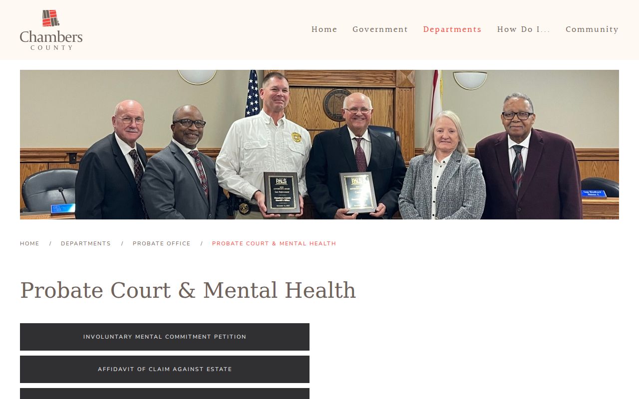 Chambers County Probate Court and Mental Health page with probate form links