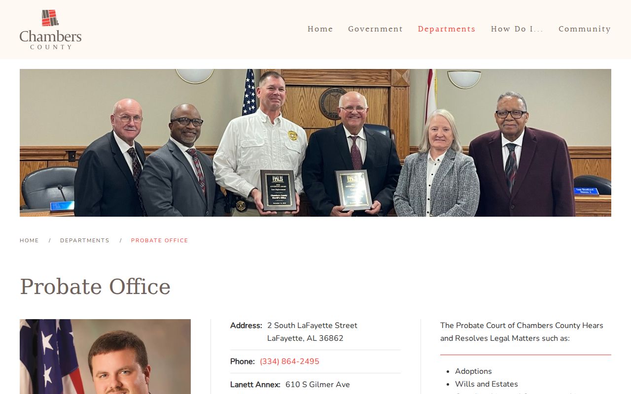 Chambers County Probate Office page listing Probate Judge Paul Story and probate responsibilities