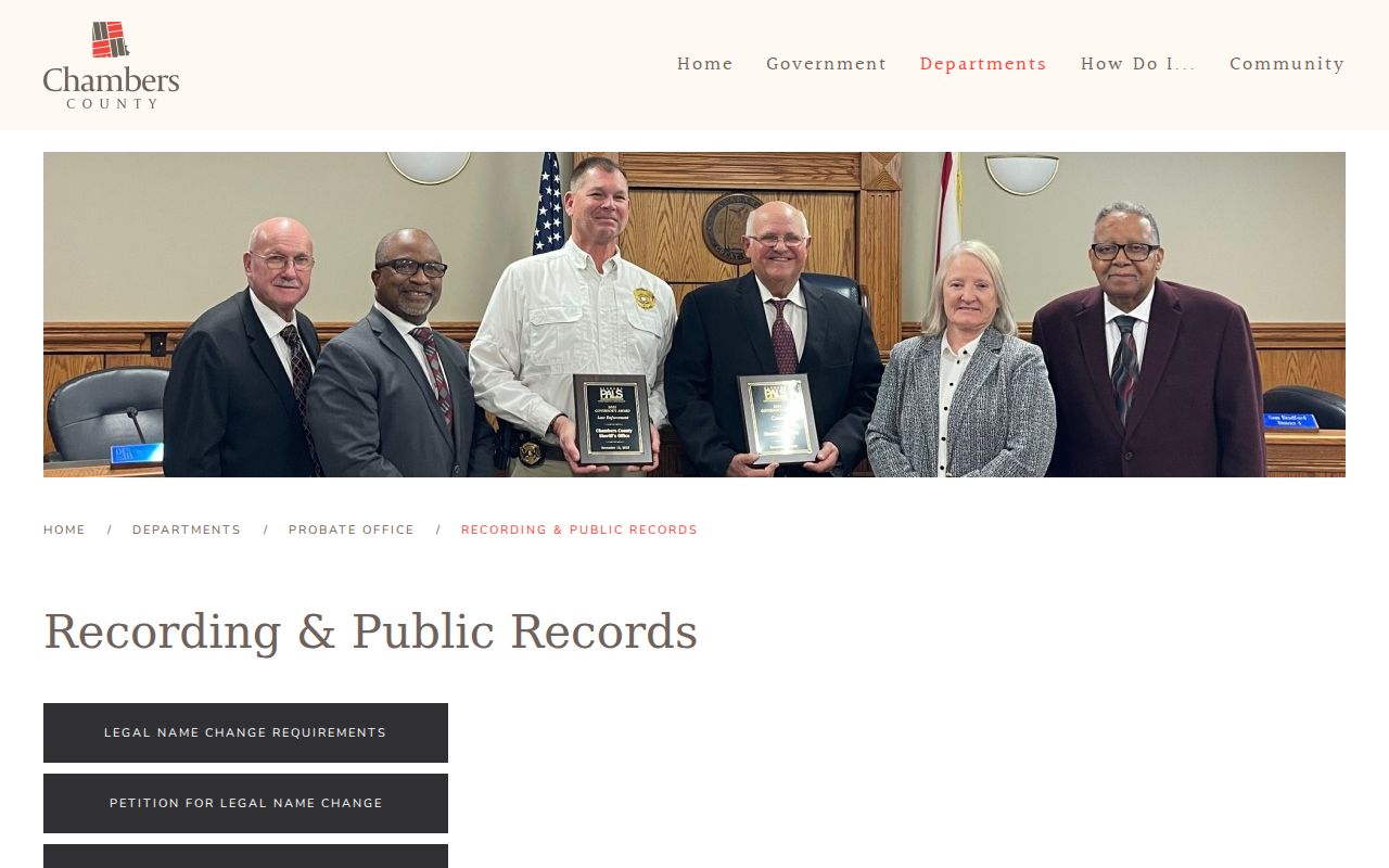 Chambers County recording and public records page with name change and notary form links